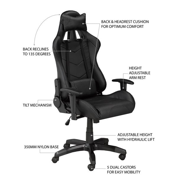 TrueGaming Sorrento Gaming Chair with Tilt and Recline Black